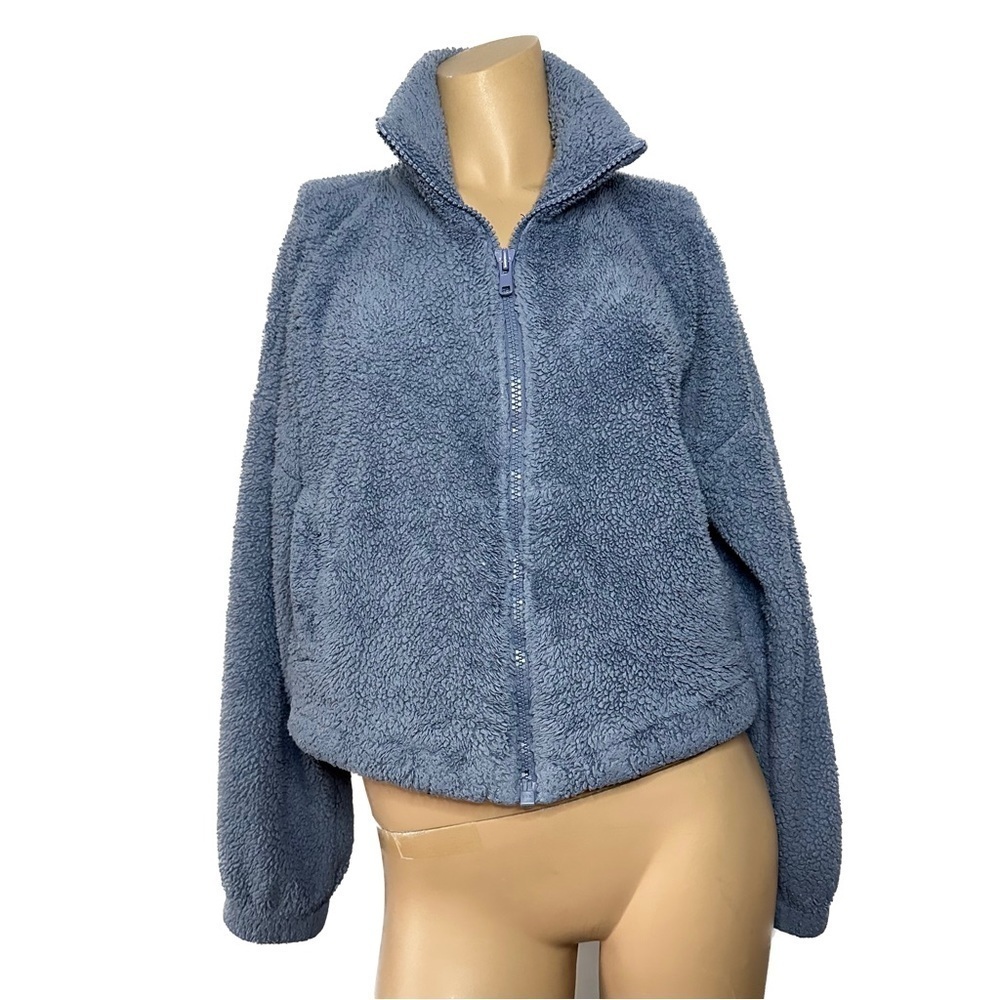 Sunday Best Izzy Soft Cozy Fleece Full Zip Teddy Jacket Cropped Blue Size XS